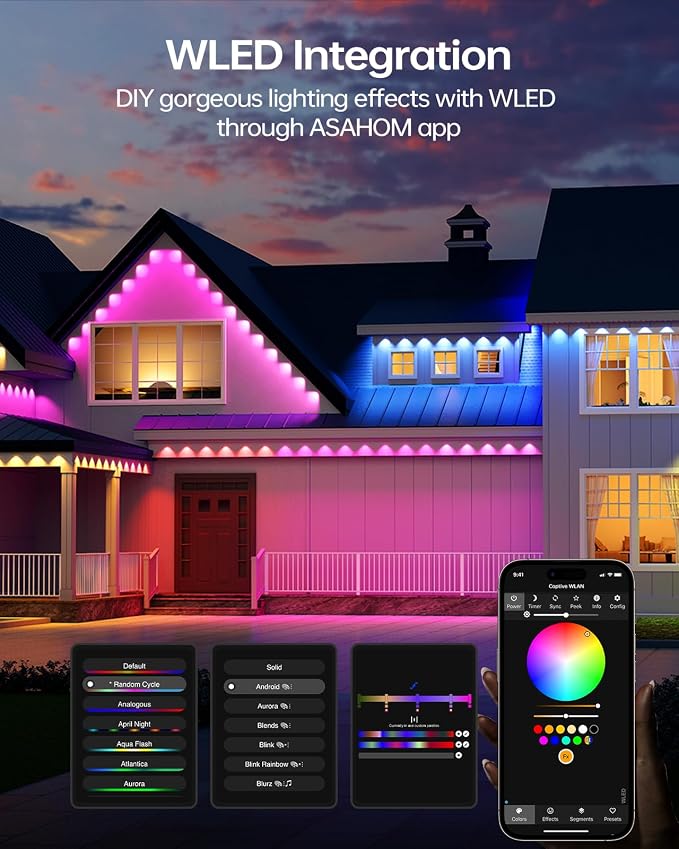 ASAHOM Permanent Outdoor Lights Pro, 72 RGBCW LEDs, WLED Integrated, AI | Up to 70lm, 30,000 Effects, Dual Output, Extend to 800FT, Cuttable, for Outdoor Decor and Daily Lighting, 100FT, Black, S108B