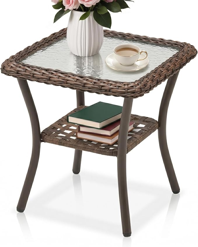 Square 20" Outdoor Wicker Side Table, 2-Tier Rattan Patio End Table with Tempered Glass Top, All Weather Brown Coffee Table for Deck Balcony Porch