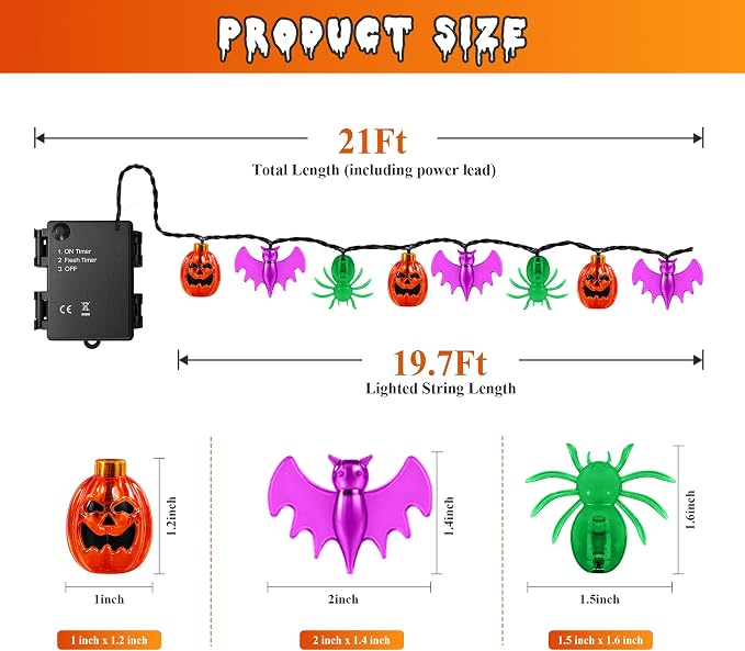 Mosoan [Timer] Halloween Lights 20Ft 30LED Battery Operated String Lights, Pumpkin Spider Bat Halloween Decorations Lights for Indoor Outdoor Party Home Yard Window Decor(Pumpkin Bat Spider)