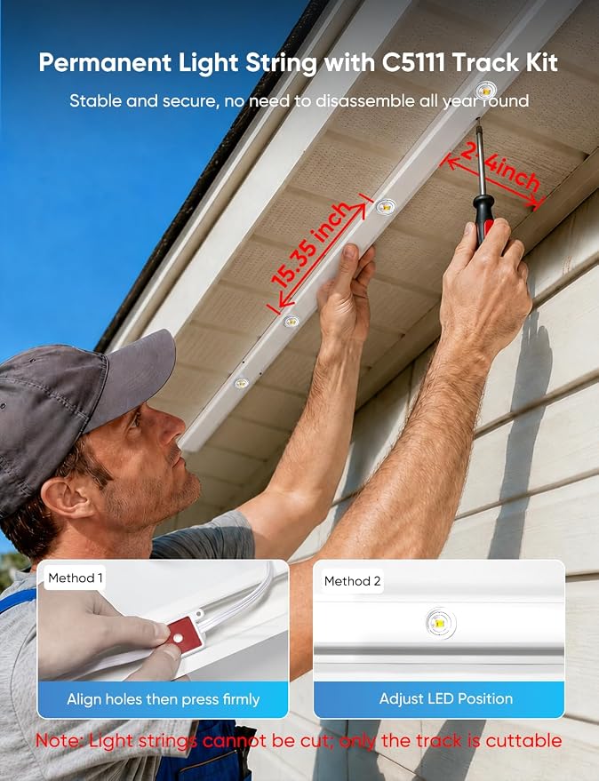 RGBW Permanent Outdoor Lights 200ft, 40LM, with 144 LED Bulbs, White | IP67 Waterproof, 111 Scene Modes, 2700K Warm White, Music Sync, Individual Control, Eave Lights Compatible with Alexa
