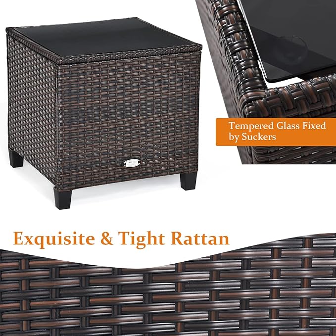 HAPPYGRILL 3 Pieces Patio Conversation Set, Outdoor Furniture Set PE Rattan Sofa Set with Removable Cushions, PE Wicker Chairs with Tempered Glass Side Table for Porch Lawn Garden Balcony Backyard