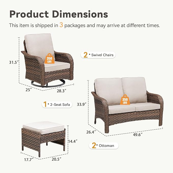 5 PCS Patio Furniture Set, Outdoor Wicker Loveseat & 2 Swivel Rocking Chairs with 2 Ottomans, 4-Inch Thick Olefin Cushions, 300 lbs Capacity Rattan Conversation Set for Porch, Backyard, Beige