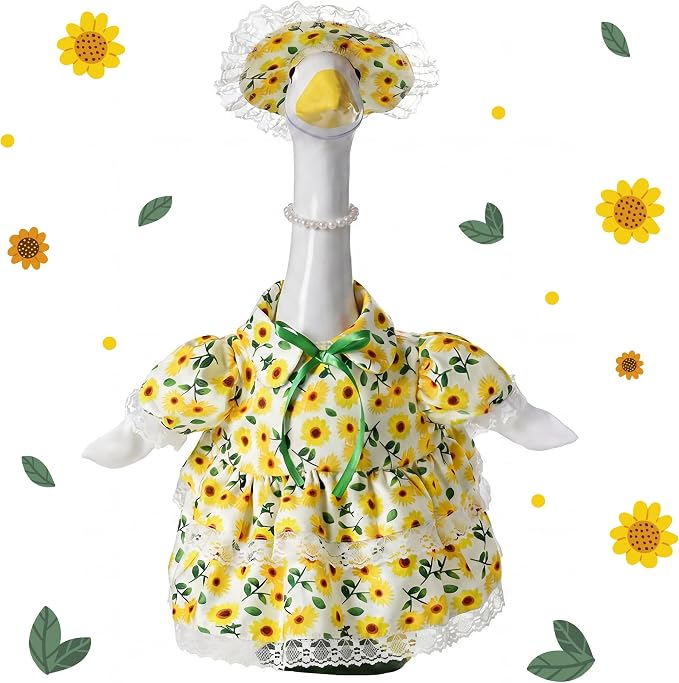 Porch Goose Outfit Flower with Pearl Necklace and Sunflower Hat for 23" Large Statue,Porch Goose Clothes for Outdoor Patio Yard Garden Holiday Decor