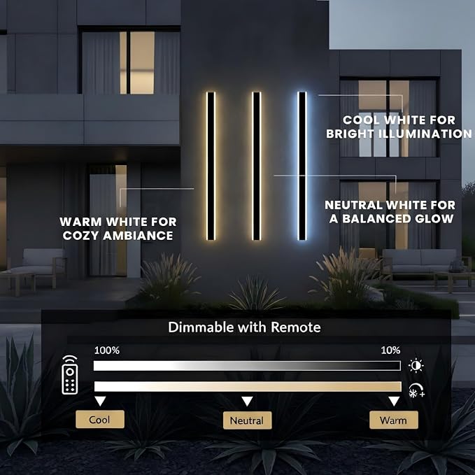 Modern Linear Outdoor Wall Lights, 47" LED Exterior Wall Sconce for Porch & Garage, IP65 Waterproof Architectural Facade Lighting, 3CCT Dimmable Matte Black Fixture for Front Door Entryway