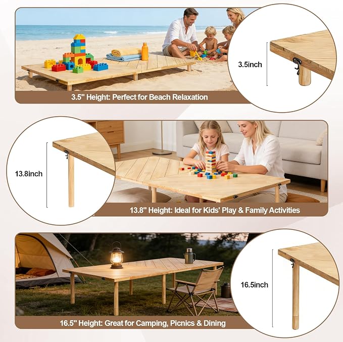 Low Picnic Table 60x30, Portable Folding Floor Table | Adjustable height wood table with boho runner, mortise-tenon joints, folds flat for beach picnics, camping, parties