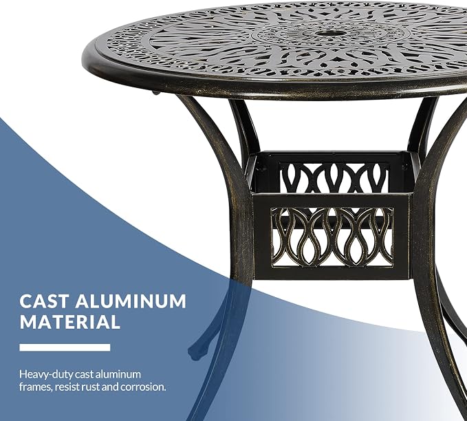 35.4 Inch Outdoor Dining Table Round Patio Table Bronze Cast Aluminum Rustic Large Table with Umbrella Hole