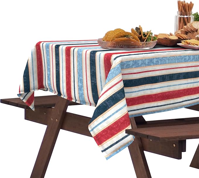 DYTXIII Outdoor Rectangle Tablecloth with Umbrella Hole and Zipper 84" x 60", Water Repellent Floral Picnic Cover, Fade & Wrinkle Resistant Tablecloth for Patio/Garden/Party Table, Stripe Red Blue