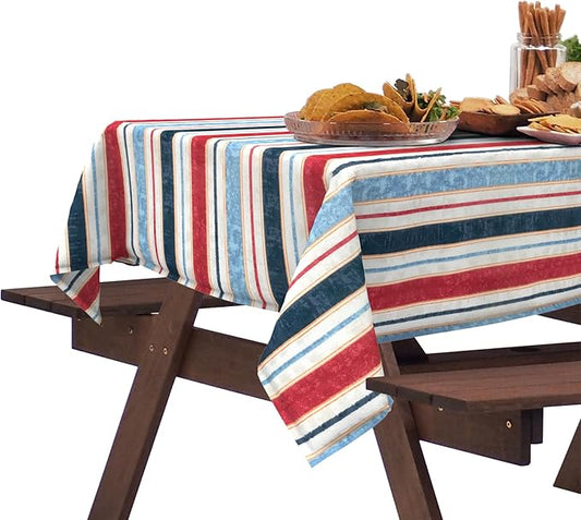 DYTXIII Outdoor Rectangle Tablecloth with Umbrella Hole and Zipper 84" x 60", Water Repellent Floral Picnic Cover, Fade & Wrinkle Resistant Tablecloth for Patio/Garden/Party Table, Stripe Red Blue