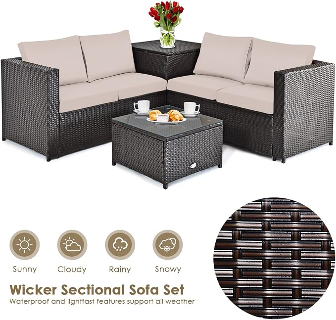 DORTALA 8 Pieces Outdoor Patio Furniture Set, Weather Resistant PE Rattan Conversation Set with Loveseats, Outdoor Sectional Sofa Set with Comfy Cushions for Garden and Poolside, Brown