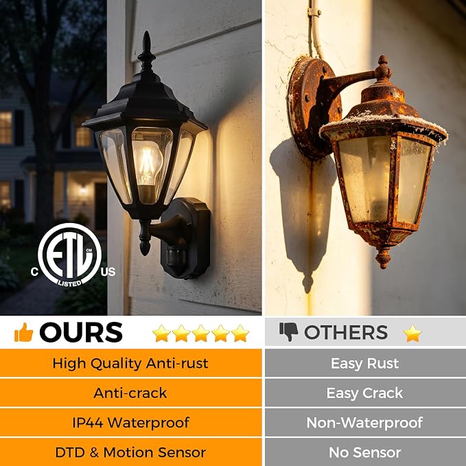 Porch Lights Outdoor Motion Sensor Wall Sconce Anti-Rust Aluminum, Exterior Outdoor Wall Lights Dusk to Dawn Porch Light Fixture Wall Mount for House Outside Patio Large