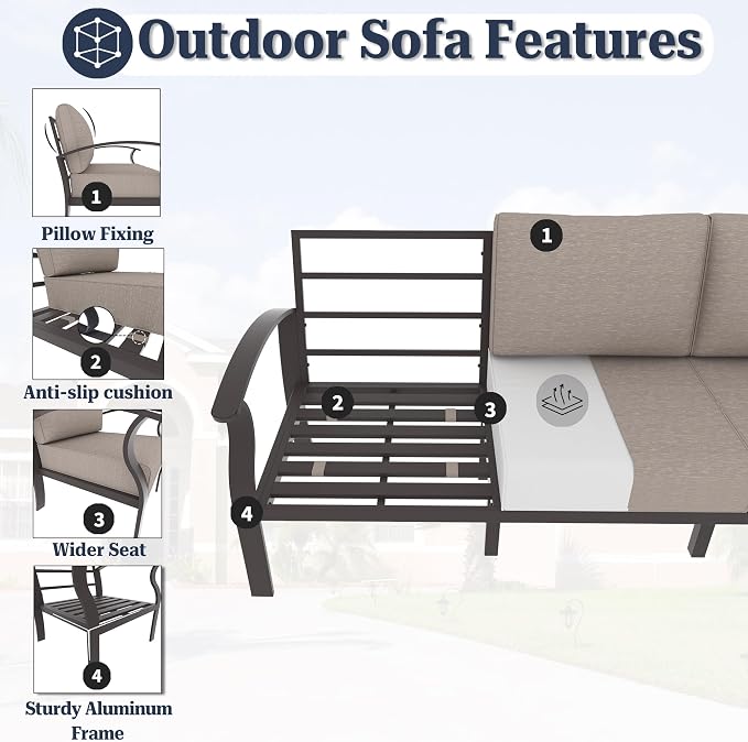 Kurapika Aluminum Patio Furniture Set 5-Seat Modern Metal Outdoor Conversation Sets w/45in Propane Fire Pit Table, w/5.1 Inch Cushion Patio Sectional Sofa with 2 Ottomans, Sand