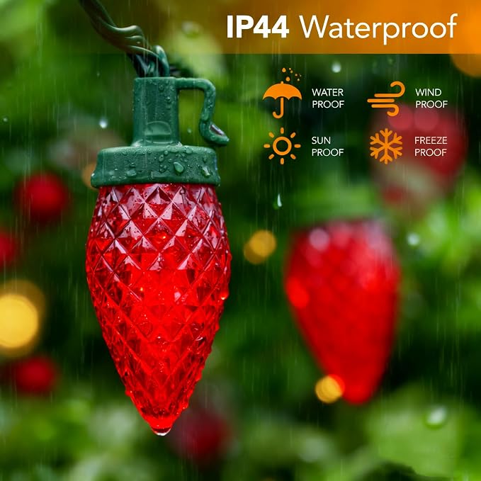 C9 LED Christmas Lights Outdoor,33 Feet 50 LED 8 Lighting Modes Waterproof Connectable Christmas String Lights for Outside Roofline Patio Home Xmas Decorations (Red)