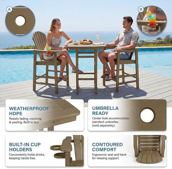 3-Piece HDPE Bar Height Table and Chairs Set, 42.1" Square High Top Pub Table with Umbrella Hole, 2 Adirondack Charis with Cup Holders, Outdoor Patio Dining Set for Bistro Backyard Deck Barnwood