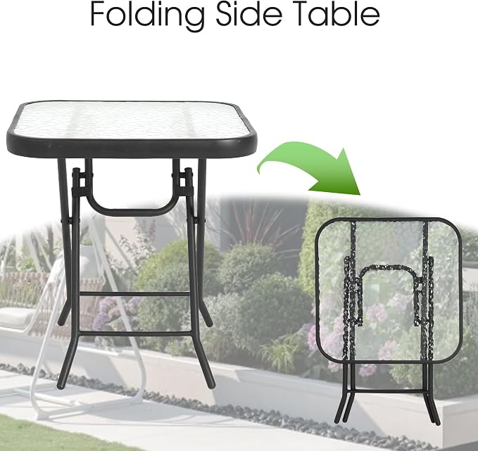 HOMEFUN Outdoor Side Tables Square Folding Patio End Table with Tempered Glass Tabletop, Portable Bistro Coffee for Porch Yard, Balcony, Garden, Deck Poolside, Transparent Glass