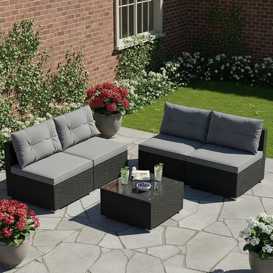 Tangkula 5 Pieces Wicker Patio Furniture Set, Outdoor 4 Armless Rattan Sofa & Coffee Table Set, with Cushions, Acacia Wood Tabletop, Sectional Patio Conversation Set for Lawn, Yard, Poolside, Grey