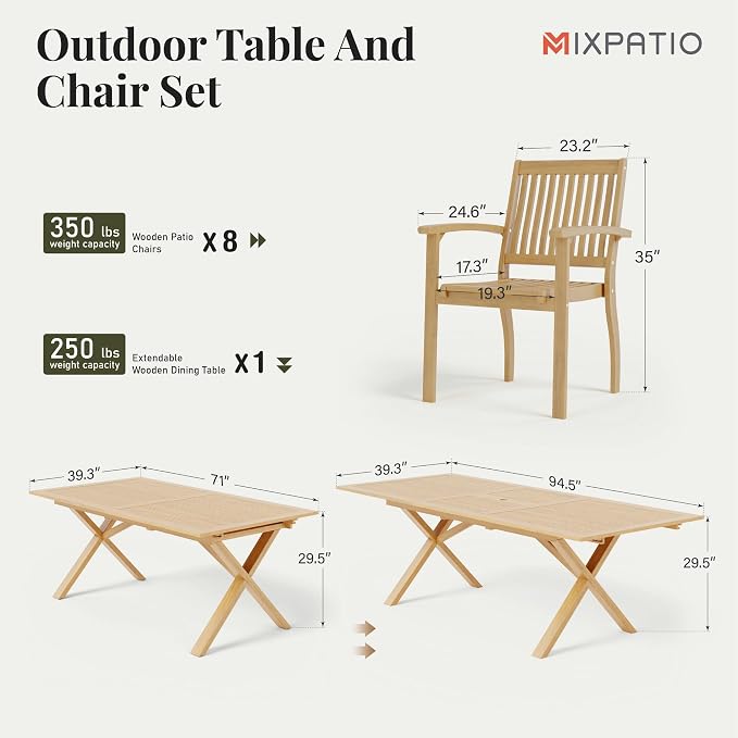 MIXPATIO Acacia Wood Outdoor Dining Set for 8 w/Expandable Table & Chairs | Solid acacia wood, weather-resistant. Expandable table w/ 1.97" umbrella hole. 8 chairs. Perfect for deck, poolside or yard.