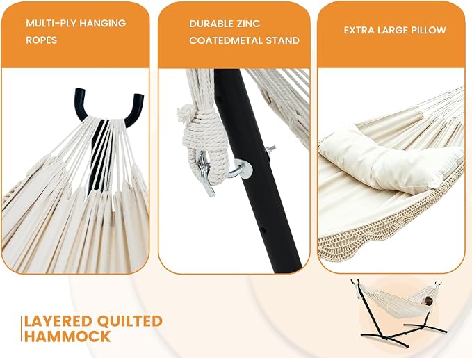 Lazy Daze Hammocks 9FT Double Hammock with Sturdy Steel Stand and Durable Fabric, Camping Lace Hammocks Include Portable Carrying Case, 450 LBS Capacity