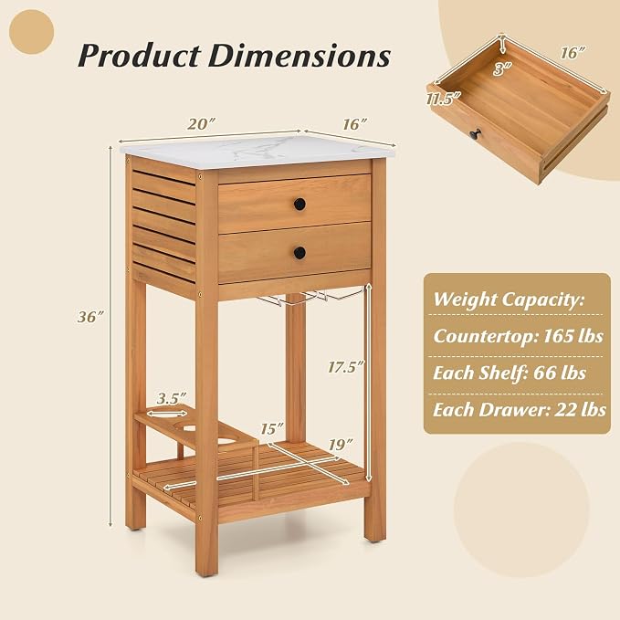 Goplus Outdoor Side Table, Acacia Wood Bar Table w/Marble-Like Countertop, 2 Storage Drawers, Bottom Shelf, Glass & Wine Holders, Small Buffet Sideboard for Patio, Backyard, Garden, Deck Corner