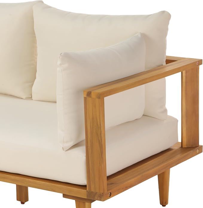 Christopher Knight Home Flynn Acacia Wood Patio Furniture Set, 6-Seater L-Shaped Sectional Sofa Set and Small Coffee Table, Outdoor Conversation Set for Backyard Poolside Balcony, Natural+Beige