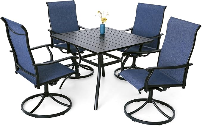 Outdoor Dining Set of 5, 35" Square Table and NavyBlue Swivel Chairs Style1 | High Back, Retro Armrest, Textilene Fabric, All Weather, Rocking, Swivel Chairs, 35'' Square Table, Metal Top and Frame