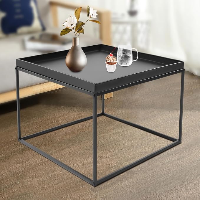 Tray Metal End Table, Sofa Table Small Side Table, Accent Coffee Table, Waterproof Outdoor & Indoor Snack Table, 23.2" L x 23.2" W x 14.2" H, Black