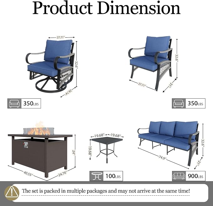 8-Piece Outdoor Furniture Set, Metal Swivel Rocking Chairs with All-Weather Cushions, Patio Conversation Set with Fire Pit Table for Deck, Porch, Garden, Backyard, Poolside (Blue Cushions)