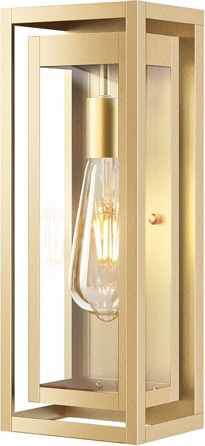 15" Large Gold Outdoor Light Fixture Wall Mount, Waterproof Outdoor Sconces, Modern Wall Lights with Clear Glass Shade for Front Door, Porch, Garage, 1 Pack