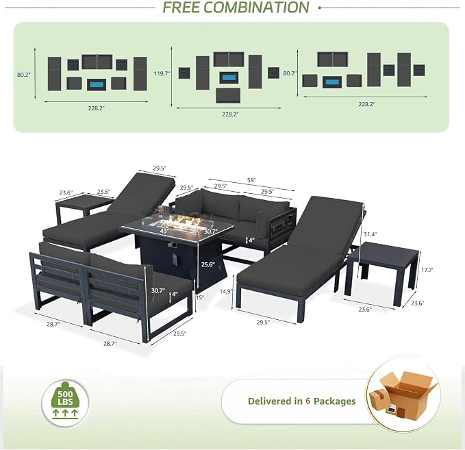 RADIATA 9 Piece Luxury Aluminum Outdoor Sectional Sofa with Chaise Lounge & Firepit, Large Modular Patio Furniture Set, 29" Deep Wide Seating, 500 lbs Heavy Duty Conversation Set for Deck, Dark Gray