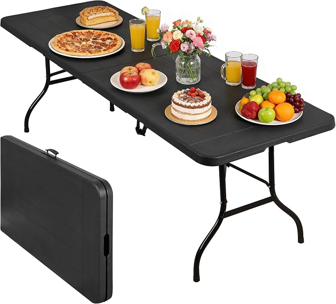 ZENY 8 Feet Plastic Folding Camping Table, Portable Indoor Outdoor Party Picnic Dining Table for Garden Soccer Party Wedding Multipurpose Entertaining Activities (Black)