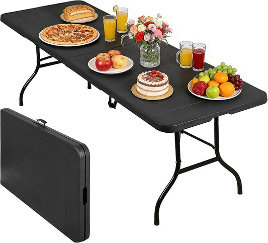 ZENY 8 Feet Plastic Folding Camping Table, Portable Indoor Outdoor Party Picnic Dining Table for Garden Soccer Party Wedding Multipurpose Entertaining Activities (Black)