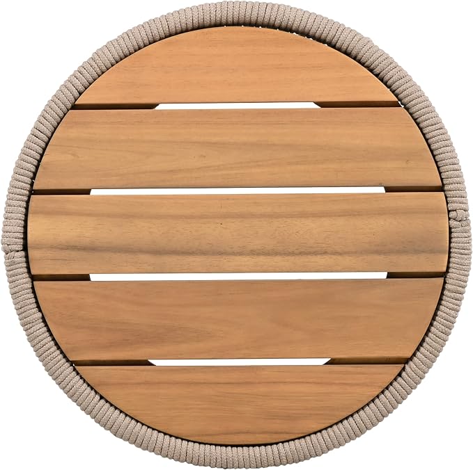 Small Outdoor Patio Side Table, Hand-Woven Rattan Rope End Table, Compact Outdoor Acacia Wood Round Coffee Table for Porch, Yard, Balcony,Teak+ Beige