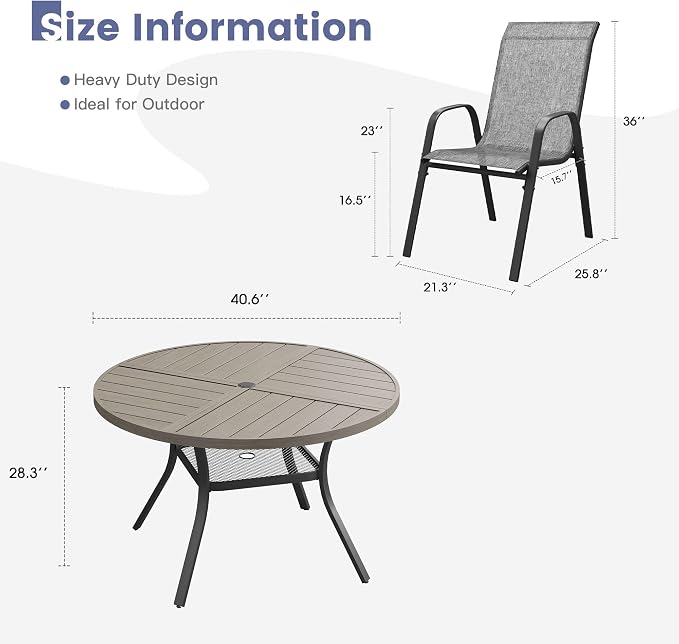VICLLAX Round Outdoor Patio Dining Set for 4, Metal Slatted Patio Table with Umbrella Hole and 4 Stackable Patio Chairs for Deck Lawn Garden, Grey Fabric and Antique Grey Tabletop