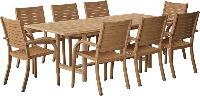 Urban Elements Mykonos 9-Piece Rectangular Patio Furniture Set | 100% Certified Teak Table and Teak Finish Stackable Chairs | Backyard Furniture, Rectangular Outdoor Dining Set
