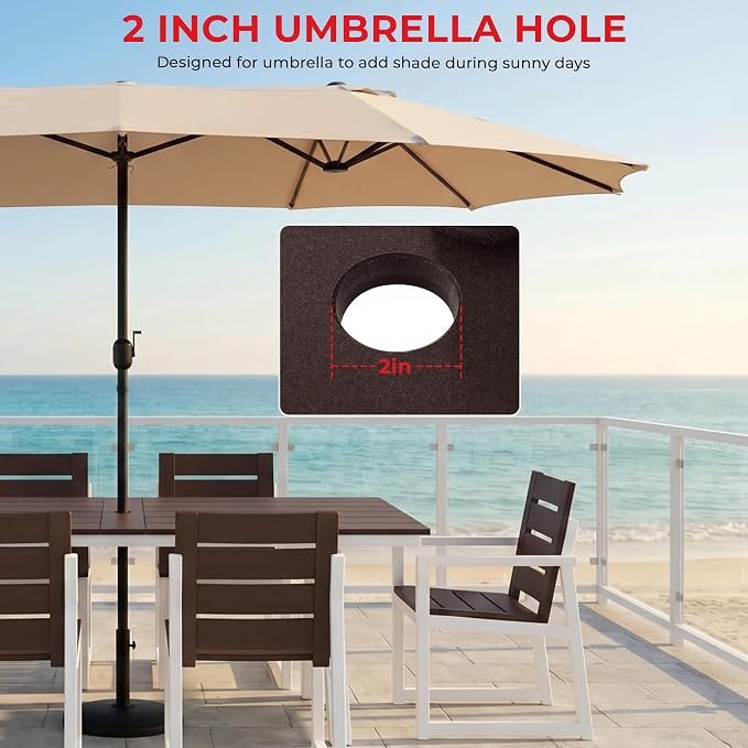 Costaelm Rectangle Patio Table, 8-Person Backyard Table 90" HDPE Dining Table with Umbrella Hole and Metal Frame for Outside, Garden, Poolside, Deck, Porch, Balcony, Dark Brown