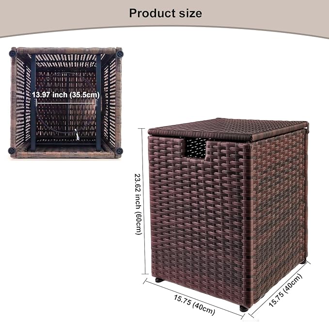20 LB Wicker Propane Tank Cover Table, Weatherproof Outdoor Propane Tank Hide with Adjustable Feet,Perfect for Backyard, Balcony and Poolside（Brown）