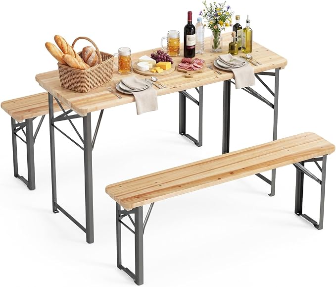 Byroce Folding Picnic Table Set with Benches, 47” Fir Wood Beer Table Set, Outdoor Dining Table with Heavy-Duty Metal Frame, Foldable Picnic Table for Patio, Garden, Backyard, BBQ & Parties (47")