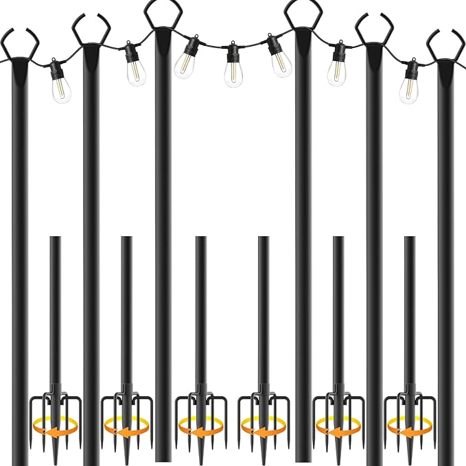 Mutovlin 6 Pack String Light Poles,10 Ft Light Poles for Outside String Lights,Outdoor Lights Pole with Fork,Metal Poles Stand for Patio Deck Backyard