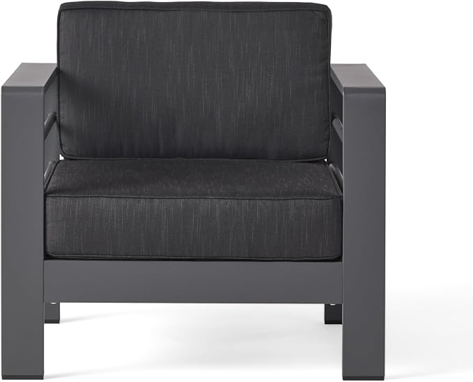 Christopher Knight Home Cape Coral Outdoor Aluminum 7 Piece Conversation Set with Water Resistant Cushions and Dark Grey Rectangular Fire Table