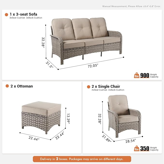 5-Piece Outdoor Patio Furniture Set,All Weather Wicker Rattan Patio Seating Sofa and Chair Set with Ottomans,Outdoor Conversation Sets with 3 Seater Couch for Porch Deck Yard,Beige