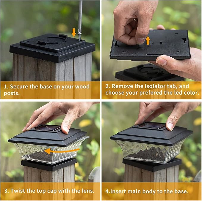 HUYIENO Solar Post Cap Lights Outdoor LED Lighting Deck Fence Cap Light Two Light Modes Warm White/Bright White Suitable for 4x4 Wooden Posts Black 4PK