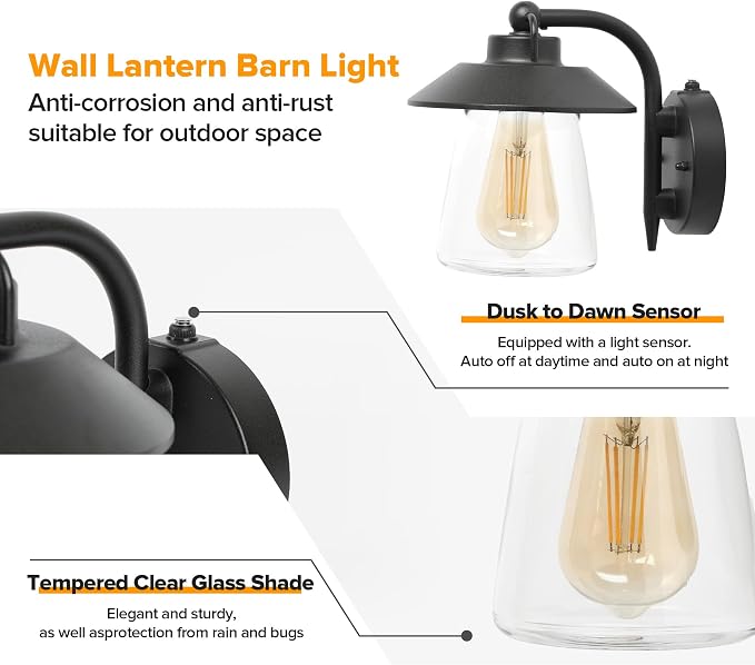 LUTEC Dusk to Dawn Outdoor Indoor Exterior Light Fixture, Farmhouse Barn Wall Sconce, Matte Black Finish Anti-Rust Wall Mount Light, Waterproof Wall lamp with Clear Glass for Porch, Exterior, Patio