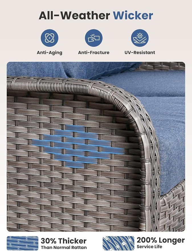 5-Piece Outdoor Patio Furniture Set with Swivel Chairs, Outdoor Conversation Wicker Sofa with Coffee Table, Rattan Couch for Deck Yard Poolside, Blue