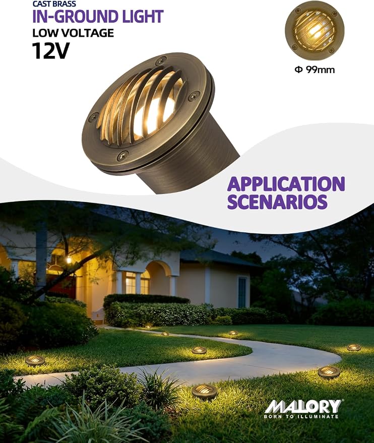 MALORY Brass Landscape Well Lights,(φ99 mm) 12V Low Voltage Outdoor In Ground Lights, Landscape Lighting with 7W 540LM MR16 for Pathway, Driveway (Full Brass -01B, 10-Pack with Bulb)