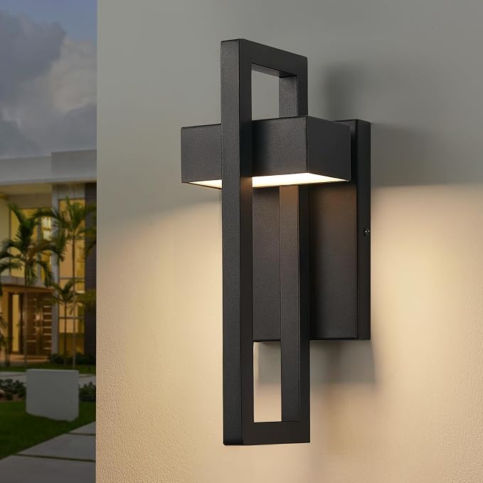 LED Outdoor Wall Sconce Modern Exterior Lighting Fixtures, Matte Black Outdoor Front Porch Lights LED Outside Wall Mount Lights for House, Hallway, Warm White 3000K, 1 Pack