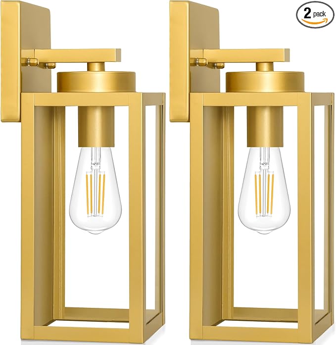 BesLowe Outdoor Wall Light Fixtures, Gold Exterior Wall Lanterns | Waterproof Metal Construction, Rust-resistant, Quick & Easy Installation, Clear Glass Shades & Standard E26 Socket