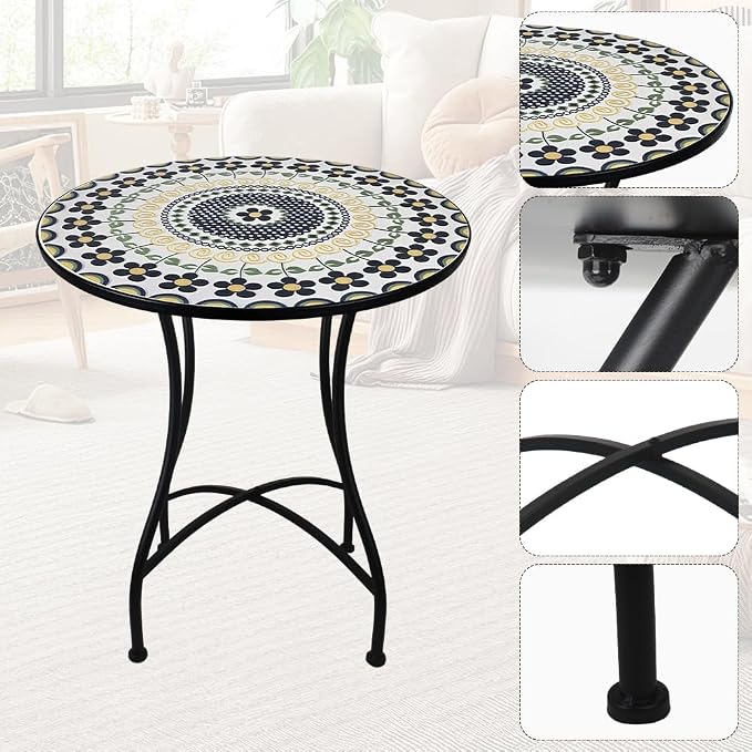 23.6" Outdoor Patio Mosaic Round Table Garden Bistro Accent Table | Ceramic Tile Waterptoof Side End Table Metal Frame Dining Table Furniture for Balcony Backyard Porch Poolside Terrace