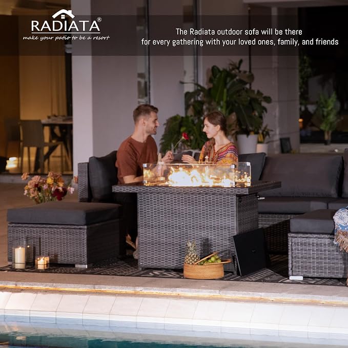 RADIATA 9 Piece Wicker Patio Furniture Set with Fire Pit, All-Weather Outdoor Sectional Couch High Back Large Size, Modular Backyard Seating Sofa Set with Propane/Natural Gas Firepit Table, Dark Grey