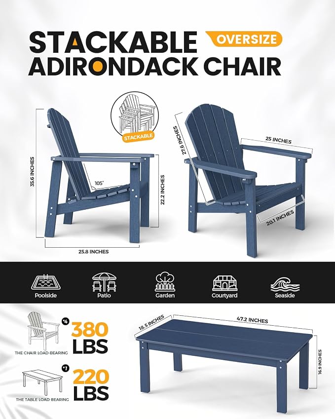 nevilywood 5-Piece HDPE Adirondack Chair Set, 4 Stackable Chairs Coffee Table, All-Weather Wood Grain, Patio Garden Backyard,Navy Blue