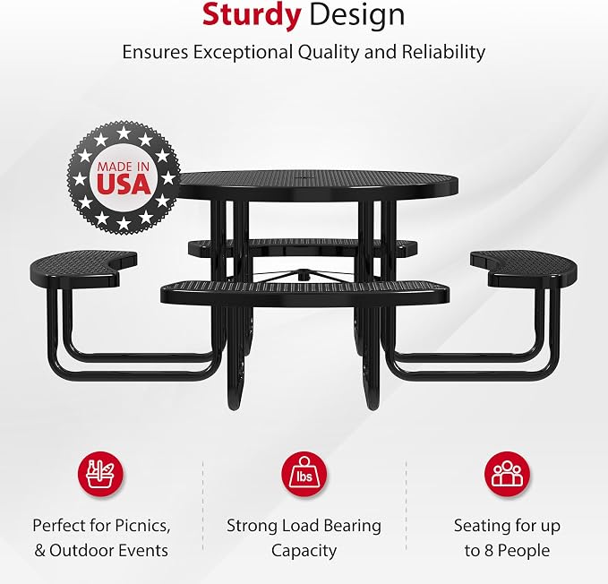 Leisure Craft Metal Picnic Table with Bench - 46" Round Outdoor Dining Table for 8 with Umbrella Hole, Weatherproof Heavy Duty Thermoplastic Coating, Commercial Grade Furniture Made in USA - Black