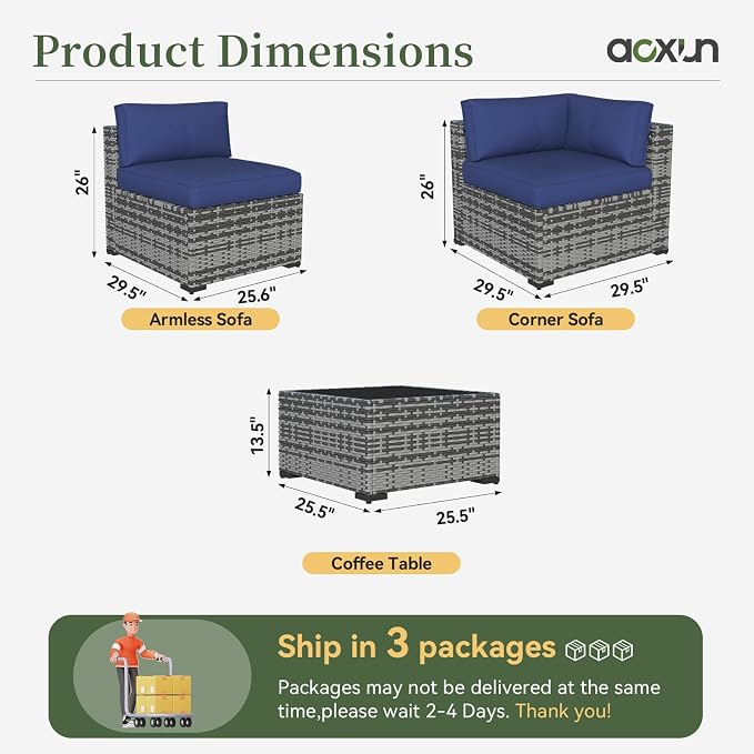 Aoxun 10 Piece Patio Furniture Set Wicker Rattan Patio Conversation Set Outdoor Sectional Sofa Set with Coffee Table and Thickened Cushions, Gray/Blue